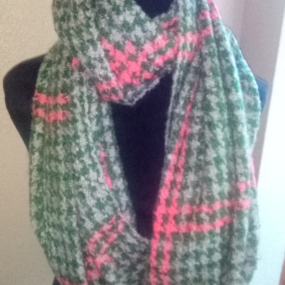 Plaid Green and Orange Infinity Scarf